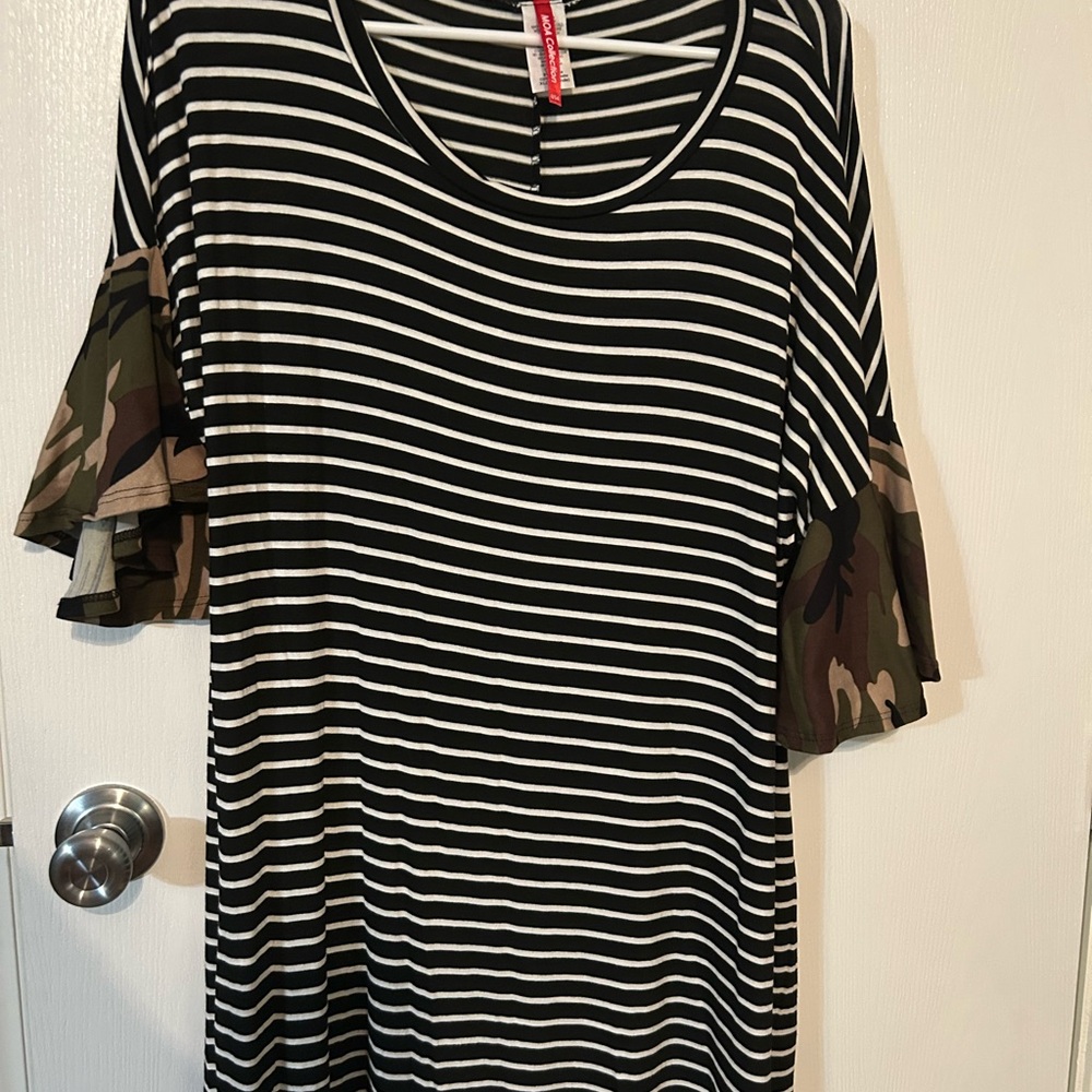 MOA USA Black and White Striped Tee with Camouflage Sleeves